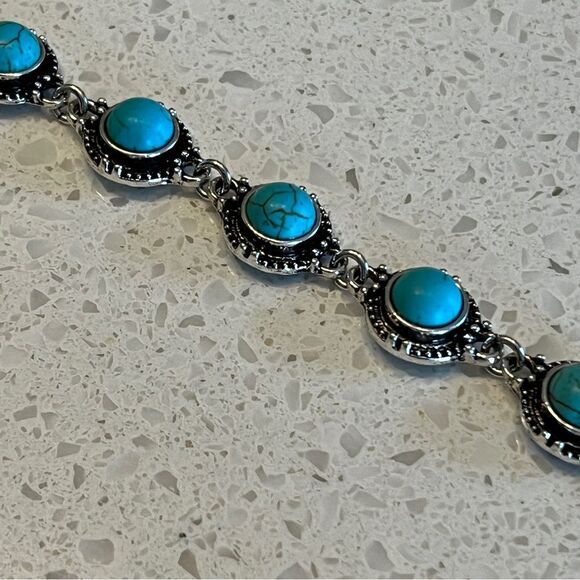 Minimalist Versatile Retro Anklet, Metal Alloy Faux Turquoise Foot Jewelry - Picture 4 of 7